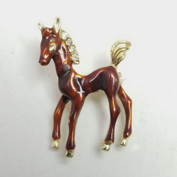 Vintage Tiny Horse Brooch, Brown Enamel Lapel Pin, Retro Estate - Picture 6 of 6